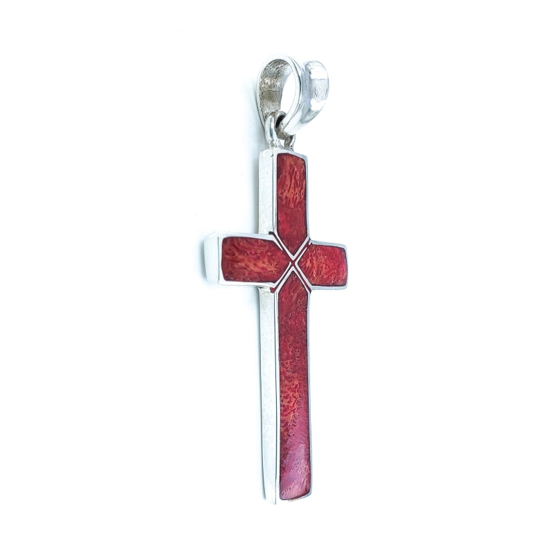 Sterling Silver Cross Pendant with Red Coral