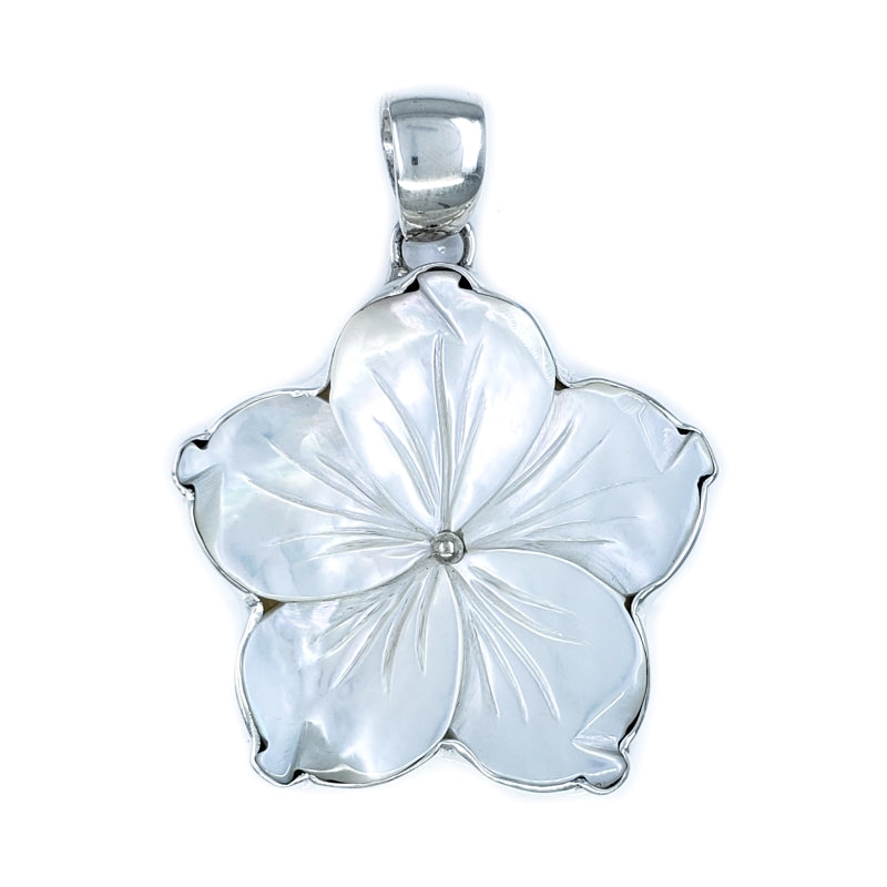 White Mother of Pearl & Sterling Silver Hibiscus Pendant