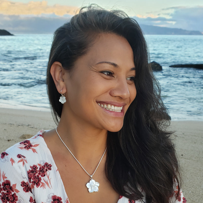 White Mother of Pearl & Sterling Silver Hibiscus Earrings