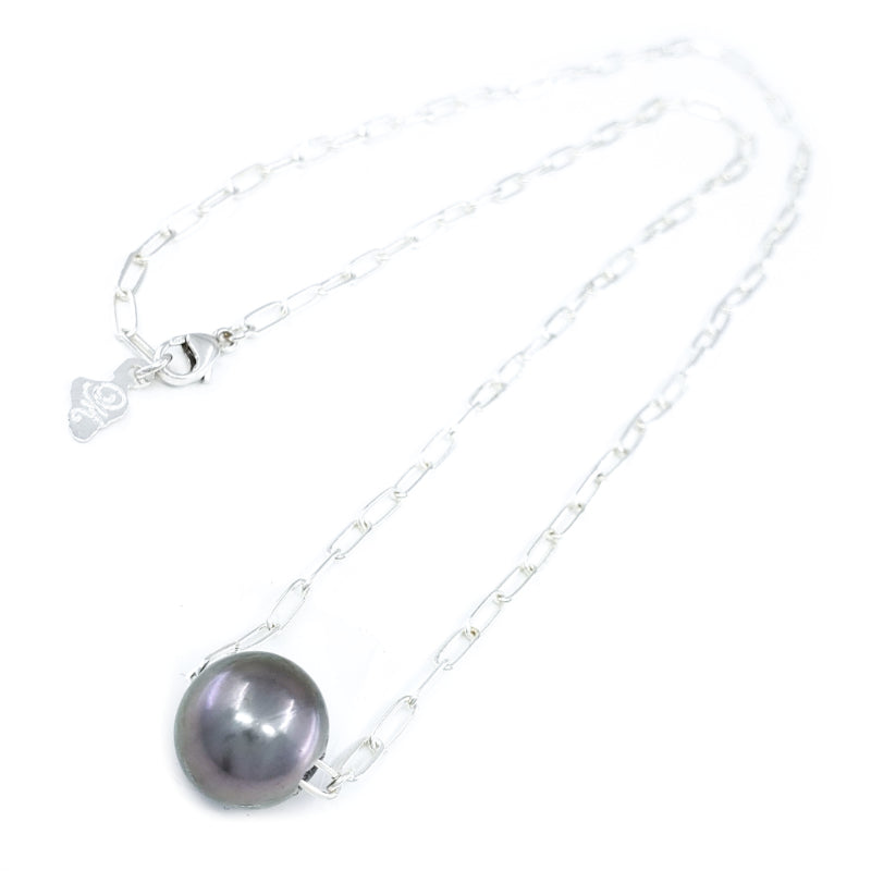 11-12mm Tahitian Pearl Necklace on Thick Sterling Silver Paperclip Chain